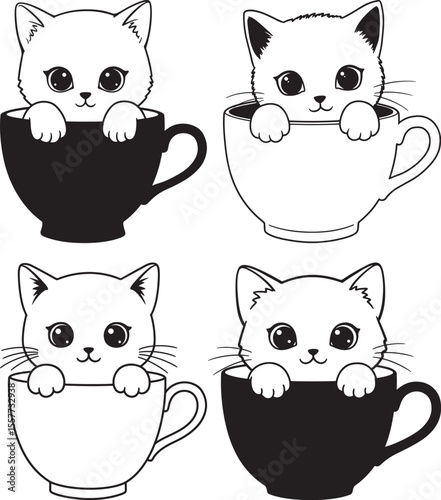 Cute Kitten in Tea Cup Silhouette Set on White Background vector illustration