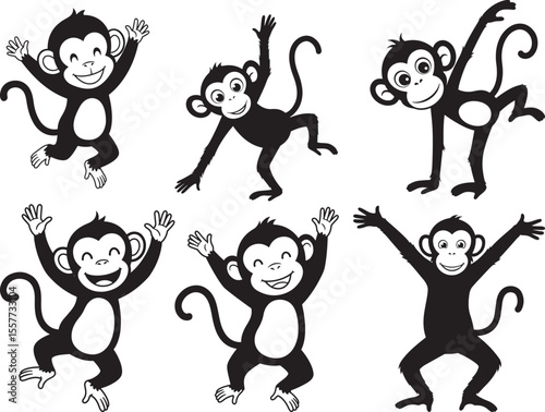 Cute Dancing Monkey Silhouette Set on White Background vector illustration