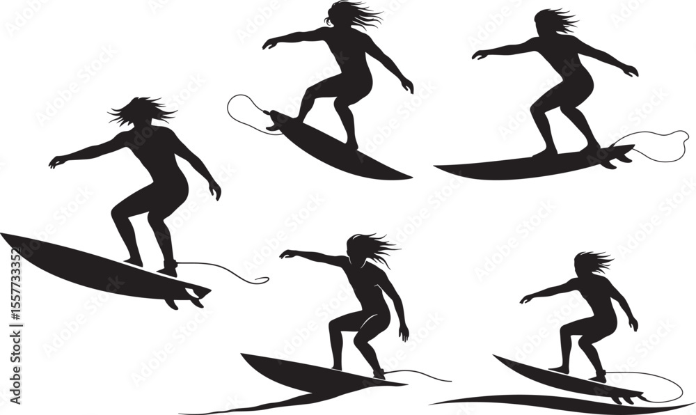 Dynamic Surfing Sport Silhouette Set on White Background vector illustration Dynamic Surfing Sport Silhouette Set on White Background vector illustration