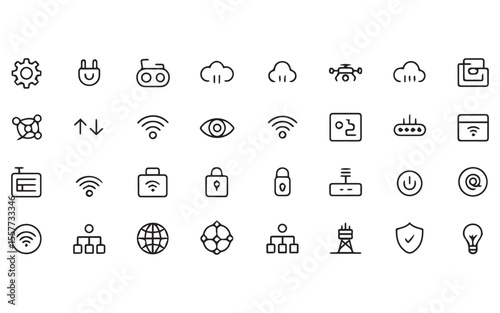 Elegant icon set featuring smart technology, IoT, network, connections, cybersecurity, and various digital symbols suitable for web design, app development, and tech-related projects.