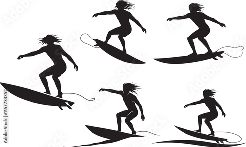 Dynamic Surfing Sport Silhouette Set on White Background vector illustration