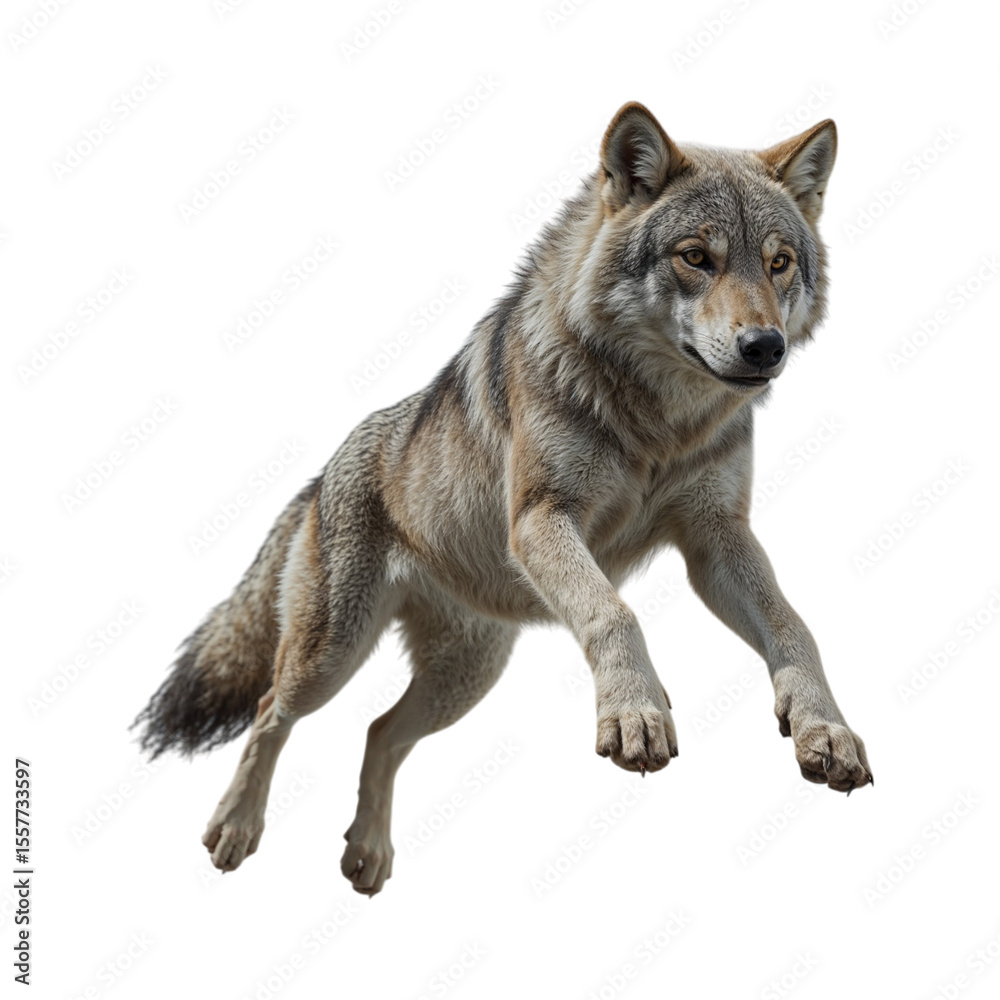 Gray wolf leaping with alert expression isolated on a transparent background canine Gray wolf leaping with alert expression isolated on a transparent background canine