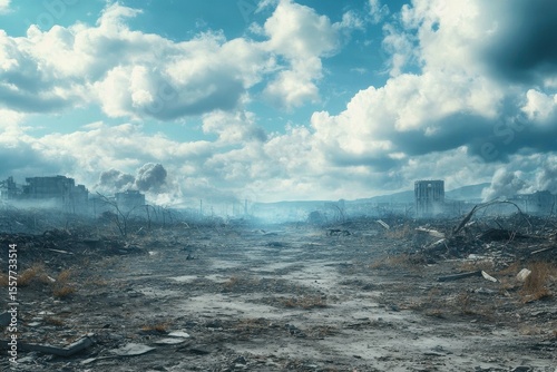 Landscape transformed by nuclear fallout with remnants of buildings under a cloudy sky, landscape scarred by nuclear fallout, Seamless ing Photo background