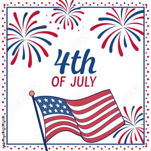4th of July border, USA banner, fireworks pattern background 