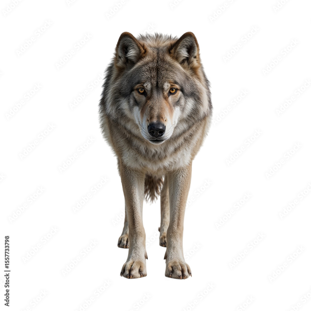 Fototapeta premium Majestic grey wolf with amber eyes standing alert isolated on a transparent background