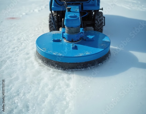 Ice resurfacer machine polishes ice rink surface. Blue machine smoothes arena ice for hockey, ice skating competition, winter sport. Modern tech for pro preparation.