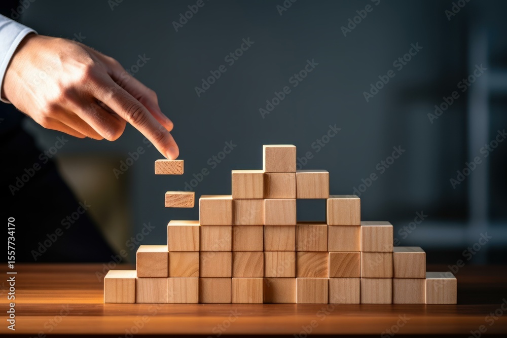 Businessman placing last wooden block on a steps figure, planning business growth and solving problems Businessman placing last wooden block on a steps figure, planning business growth and solving problems