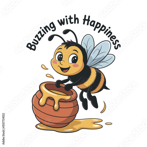 Cute Cartoon Bee Buzzing with Happiness and Honey cheerful cartoon bee collecting honey from pot bee honey cartoon cute happy beehive honeycomb insect