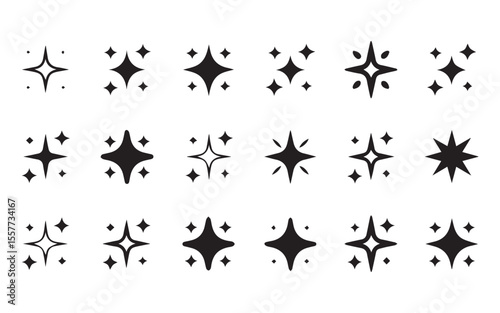 Set of black sparkling star icons, collection of twinkle elements, decoration symbols for graphic design, illustration and holiday celebration materials with flat design isolated on white background.