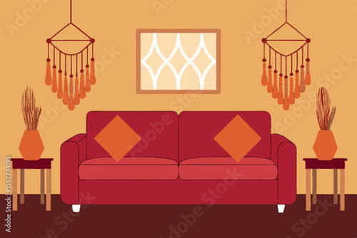 reclaimed decor with twin velvet sofas and macrame