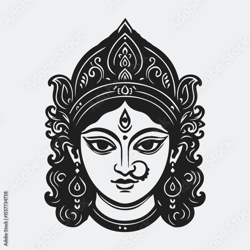 Goddess durga face in happy durga puja black and white