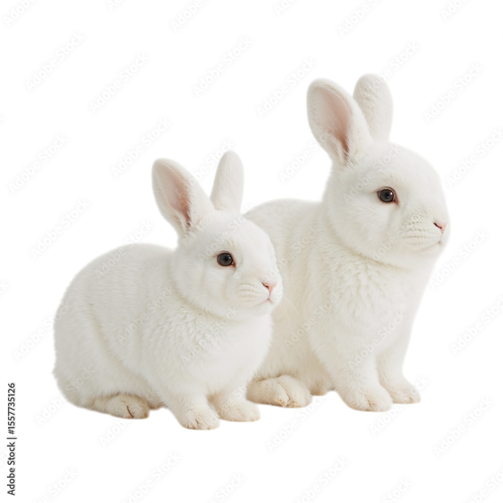 Fototapeta premium Two fluffy white rabbits sitting together isolated on a transparent background bunnies