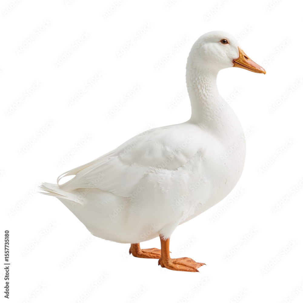 Fototapeta premium White duck with orange beak and feet isolated on a transparent background domestic fowl