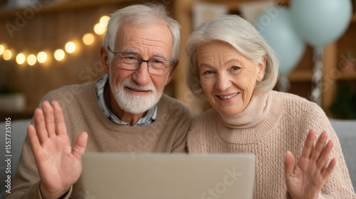 Elderly caucasian couple video calling on laptop in cozy living room