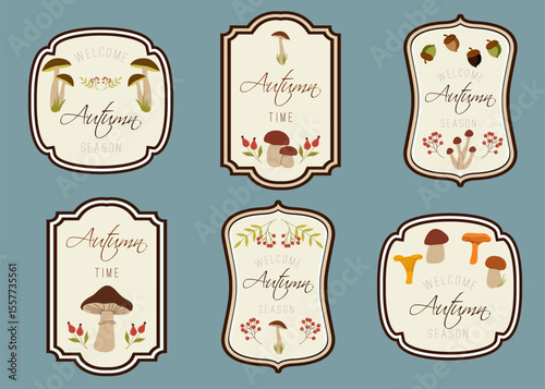 Labels for autumn and thanksgiving gift decorating with mushrooms, stickers for sketchbooks and more. Fall stickers