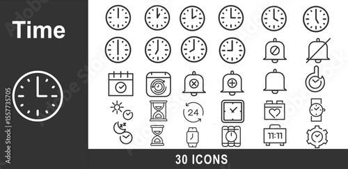 Time Management Icon Set. Containing clock, calendar, deadline, schedule, productivity, efficiency, stopwatch, hourglass, timeline, and more.