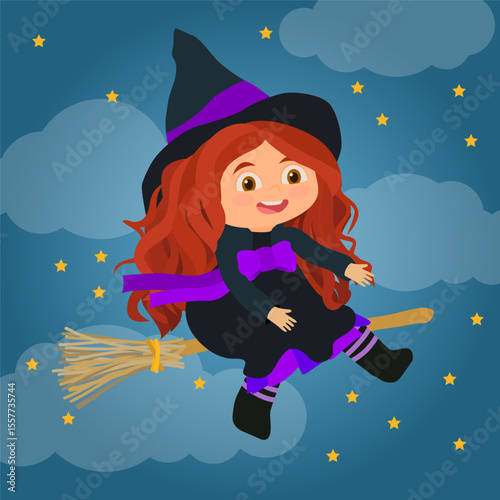 Little halloween witch preparing a potion or flying on a broom 