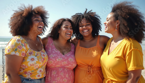Four plus size female friends joyfully laugh on beach. Women enjoy summer vacation, demonstrate body positive, self love. Happy diverse group, embrace friendship, seaside travel. Cheerful ladies,