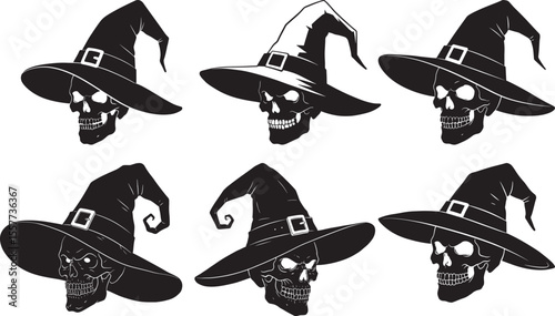 Skull with Witch Hat Halloween Silhouette Set vector illustration