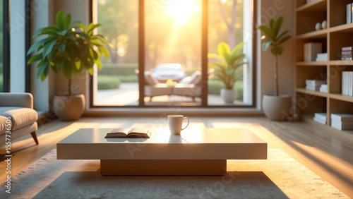 blurred ethereal glow softbox lights spills across sleek minimalist coffee table adjacent shop shelves bathed warm afternoon