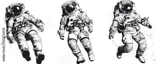 Hand drawn floating astronaut vector in space suit black and white design