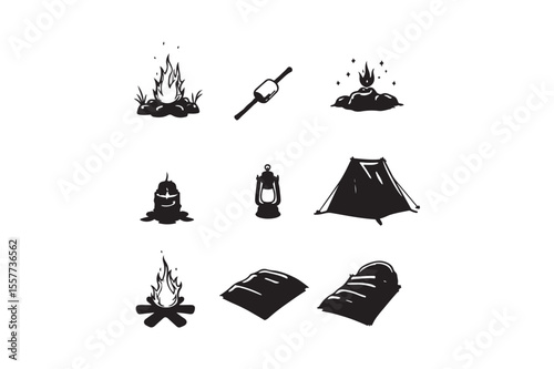 Camping Icon Set Black Silhouette Vector of Tent, Campfire, Lantern, Sleeping Bag, and Outdoor Elements