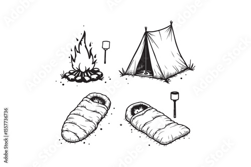 Camping Tent and Sleeping Bag Illustration Hand Drawn Campfire and Outdoor Adventure Vector Art
