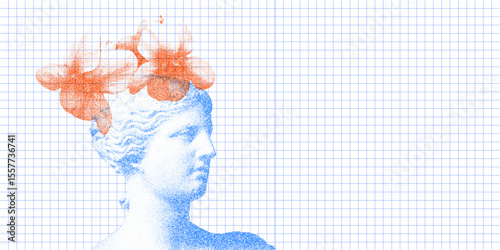 Risograph Print with Photocopy Effect Featuring Venus Statue and Flowers