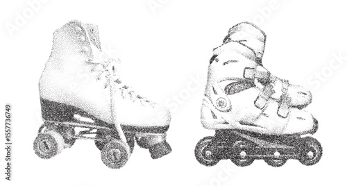 Realistic Dotted Photocopy-Effect Illustration of Two Retro Roller Skates in Monochrome