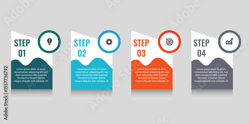 Modern 4 step infographic with colorful icons, wavy shapes, and text on light gray background.