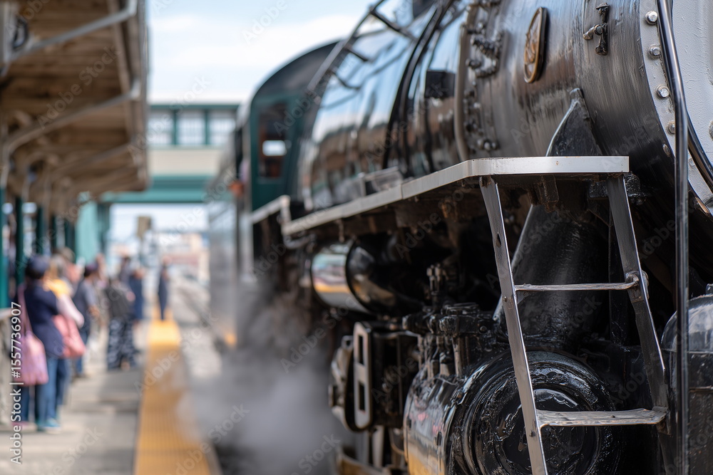 Fototapeta premium A close-up side view of a steam locomotive at a vintage train station, gleaming metal parts, large wheels, and steam hissing around the platform, with passengers boarding.