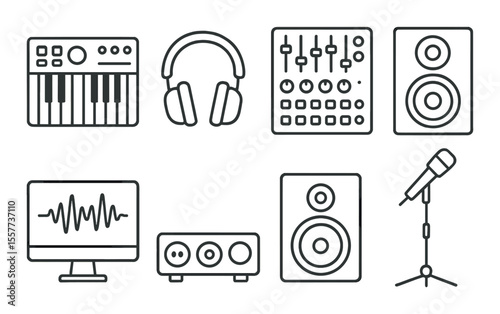 Music equipment line icons set – audio, sound, and recording tools in outline style
