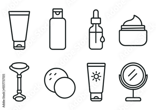 Skincare essentials icons set – outline, beauty and facial care symbol collection