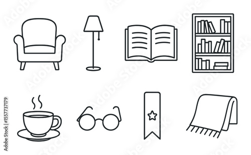 Cozy reading nook icons set – outline, book, lamp, and comfort symbols