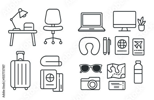 Minimalist office and travel icons set – outline, workspace essentials, business symbols