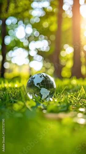 Close-up of a glass globe in the grass, showing earth continents against a blurred background of trees and sunlight.