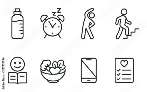 Wellness habit outline icons set – simple health lifestyle and daily routine symbols
