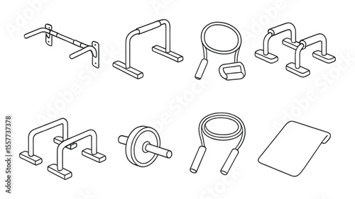 Fitness and ar equipment icons set – outline, exercise and gym symbol collection