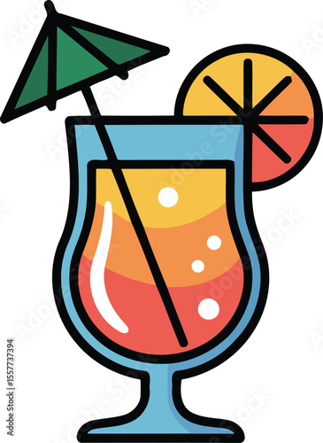 Vibrant Summer Cocktail Illustration, Flat Design, Tropical Mood, Orange Slice Garnish.