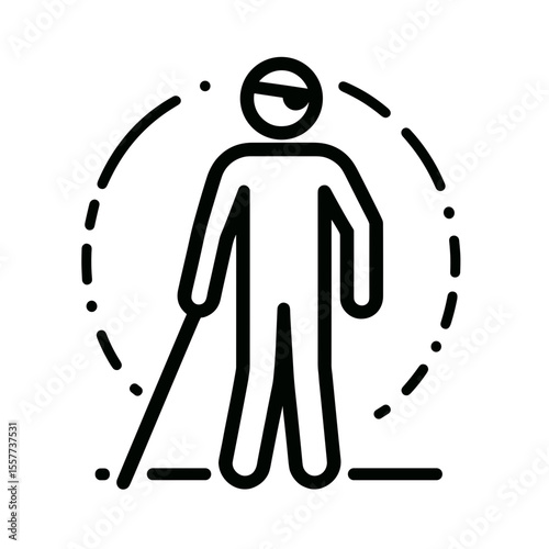 Blind man with cane standing in minimalist line art style  