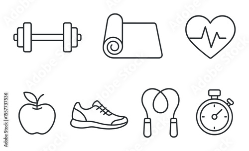 Fitness essentials icons set – outline, exercise and wellness symbols for workouts