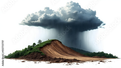 Dark rain cloud over eroded hill with green trees and soil, dramatic weather scene with isolated landscape and heavy rainfall