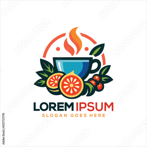 Fruit Herbal Tea Logo – Steaming Blue Cup with Citrus and Berry Elements, Vibrant Hot Beverage Design for Natural Café, Wellness Drink, or Health Brand