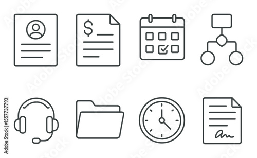 Freelancer tools icons set – outline, digital workspace and productivity symbols