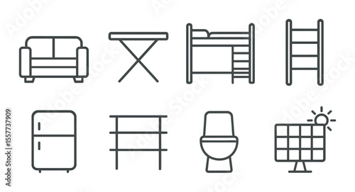 Tiny house living icons set – outline, simple and minimalist home essentials