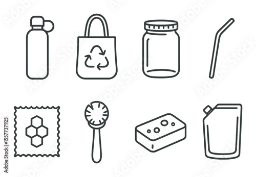 Zero waste essentials icons set – outline, eco-friendly and sustainable symbols