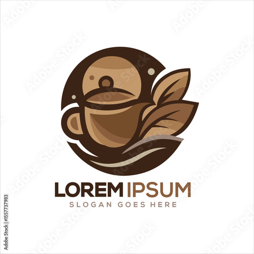 Coffee Cup Logo – Brown Circular Emblem with Leaves, Natural Café Branding Design for Organic Coffee Shop, Eco Brew Stand, or Rustic Beverage Label