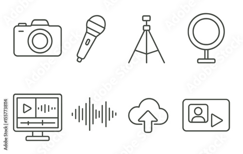 Digital content creation icons set – outline, media production and editing symbols