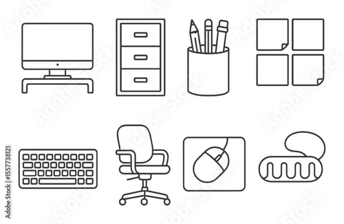 Minimalist office icons set – outline, workspace and productivity symbols