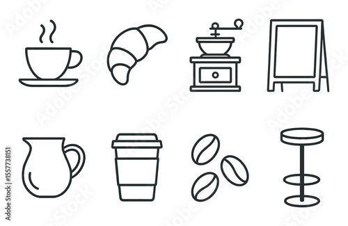 Urban café icons set – outline, coffee shop and beverage design elements